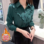 秋冬新款韓版燈芯絨長(cháng)袖襯衫女洋氣加厚襯衣 墨綠色(加絨款 XL