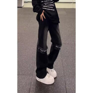 結(jié)盟者Vibe美式高街黃泥色牛仔褲男設(shè)計(jì)感歐美復(fù)古高腰顯瘦毛邊長褲 黑色 S
