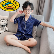 G.DUCKKIDS小黃鴨兒童男童睡衣夏裝薄款小男孩短袖空調服中大童夏季冰絲家居 D2201提花豹紋短袖短褲【藍色】 110cm