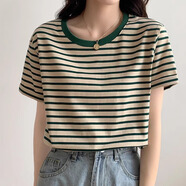 恰凡（QIAFAN）顯白綠色條紋t恤女短袖夏季2025年新款薄款撞色上衣寬松圓領(lǐng)體恤 綠色 L (110斤-125斤)