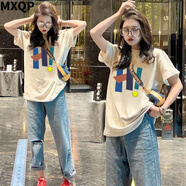 MXQP純棉短袖t恤女2025夏季新寬松顯瘦美式復(fù)古設(shè)計(jì)感小眾中長(zhǎng)款上衣 杏色【彩色字母HI】 L 【110-130斤】