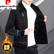 皮爾卡丹（pierre cardin）冬季鹿皮絨外套男短款皮毛一體加絨加厚羊羔毛翻領(lǐng)皮衣夾克機(jī)車服 黑色 M 95到110斤
