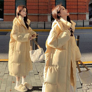 amber heey韓版大口袋白鴨絨羽絨服女2025新款中長款高端連帽保暖女士外套 奶黃色 S 推薦(80-125斤）