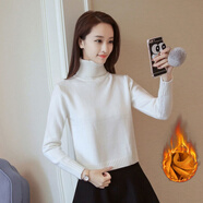FZMF秋冬韓版高領(lǐng)保暖加絨加厚超短款毛衣女套頭高腰寬肚臍打底衫 白色/ 加絨加厚款 L 【建議110-120斤】