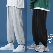 WEIJUE（買一送長(zhǎng)襪）褲子男士秋冬款休閑褲學(xué)生寬松束腳加絨運(yùn)動(dòng)衛(wèi)長(zhǎng)褲 灰色款+黑色款 M碼