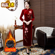 初徑秋冬加絨旗袍改良連衣裙中年女刺繡媽媽復(fù)古金絲絨長款旗袍裙 加絨 3號(hào)花酒紅色 XL建議【113~124斤】