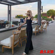 美安嘉新款高腰無袖吊帶連體褲女春夏收腰背帶褲直筒闊腿拖地褲長褲 黑色 M  90-100斤