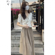 可茵 新款連衣裙女夏港風(fēng)時(shí)尚套裝女2022短款V領(lǐng)交叉設(shè)計(jì)感上衣仙女溫柔風(fēng)中長款A(yù)字紗裙小個(gè)子套裝裙 白色上衣+卡其網(wǎng)紗裙 M