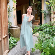 西兒無袖背心連衣裙甜美仙女夏季度假風(fēng)沙灘休閑裙慵懶風(fēng)氣質(zhì)露肩長裙 S 適合80-100斤無側(cè)兜