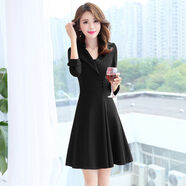 索宛亦（SUOWANYI）春秋款小個(gè)子長(cháng)袖連衣裙女裝韓版氣質(zhì)女人味遮肚子顯瘦打底裙子秋 黑色 L 建議【100-110】