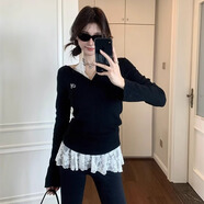 沂懿長袖t恤女黑色修身上衣春季新款白色蕾絲打底衫辣妹一字肩可外穿 白標(biāo)v領(lǐng)黑色上衣 不含內(nèi)搭 M 【建議85-100斤】