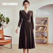 ROEYSHOUSE羅衣優(yōu)雅天鵝絨禮服連衣裙女冬新款百褶絲絨中長(zhǎng)裙子01094 咖啡色 L