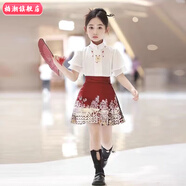 柏潮馬面裙女童夏季短袖套裝中國風夏天童裝半身裙兒童漢服短款連衣裙 荷花袖上衣+酒紅色短裙 130cm