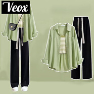VEOX2025春秋季套裝女韓版寬松長袖襯衫+吊帶高腰闊腿牛仔褲三件套 綠襯衫+吊帶黑褲子三件套 915# M 建議95-110斤