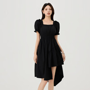 快魚方領(lǐng)泡泡袖新品連衣裙2024新款女夏不規(guī)則設(shè)計感收腰顯瘦氣質(zhì)長裙 黑色 L