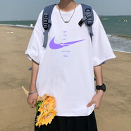 大魚界線 港風(fēng)t恤男夏季BF原宿風(fēng)情侶裝夏裝短袖T恤男女學(xué)生班服韓版潮流寬松半袖印花中袖上衣服男 白色AA03 2XL（140-160斤）