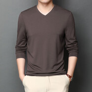 金盾V領(lǐng)長(cháng)袖t恤男裝春秋季雞心領(lǐng)體恤純色加肥加大碼彈力內搭打底衫潮 咖啡V領(lǐng)長(cháng)袖 M(建議90-105斤)