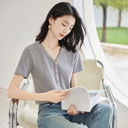 歐莎（OSA）V領(lǐng)正肩顯瘦薄款針織衫女短袖高端洋氣t恤小個(gè)子短款上衣減齡女裝 灰色 S