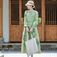 亂在江南苧麻印花連衣裙春秋裝新品民族風(fēng)復古文藝收腰系帶大擺裙 圖片色 L