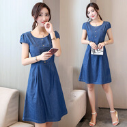 皇士皇妃2017夏裝新款女牛仔裙韓版修身時(shí)尚A字短袖淑女牛仔連衣裙 圖片色 M