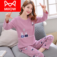 貓人（MiiOW）睡衣女春秋款純棉長(zhǎng)袖韓版秋冬夏季學(xué)生家居服可愛(ài)2025年新款套裝 長(zhǎng)袖長(zhǎng)褲紫色兔 3XL 女：(建議體重135-160斤)