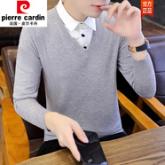 皮爾卡丹（pierre cardin）襯.衣領(lǐng)假領(lǐng)男士毛衣潮韓版休閑秋冬針織加絨加厚款假兩件羊.毛衫 C02灰色 2XL