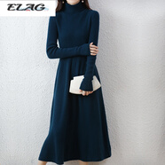 ELAG純羊毛連衣裙女高領(lǐng)長袖套頭毛衣修身傘裙針織洋氣羊 孔雀藍(lán) L