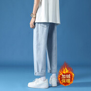 驀沐牛仔褲子男春夏直筒潮牌休閑長(cháng)褲寬松百搭褲子韓版青少年春夏男裝 淺藍色2207加絨 L 115斤-125斤