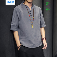 UYUK短袖男冰絲T恤男夏季中國風(fēng)亞麻短袖寬松棉麻半袖V領(lǐng)五分袖上衣潮牌男裝 7026深灰 XL