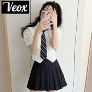 VEOX今年流行jk制服百褶裙全套一整套短款襯衫女修身襯衣領(lǐng)帶收腰上衣 白色襯衫+領(lǐng)帶+黑色短裙[三件 M 建議90-100斤