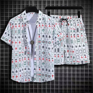 狄帝鯊海南島沙灘服三亞旅游冰絲港風(fēng)襯衣夏威夷花襯衫島服男女短袖套裝 C68套裝【白色】 5XL