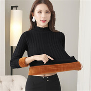 品彩 PinCai 2021秋冬加絨毛衣女短款加厚保暖女士針織打底衫長(cháng)袖修身百搭上衣 PW1JZS387 黑色 均碼