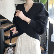 憶思減韓國(guó)chic秋冬加厚交叉V領(lǐng)蝙蝠袖名媛氣質(zhì)針織衫套頭毛衣女外穿潮 黑色HX0791  S