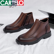 卡帝樂鱷魚（CARTELO）品牌切爾西靴子男真皮馬丁靴男款英倫風(fēng)側(cè)拉鏈低幫短靴子冬季加絨 淺棕色【不加絨】 42