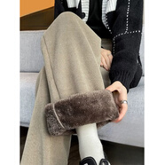 棉致加絨加厚羊羔絨顯瘦闊腿褲子女秋冬季寬松直筒休閑褲女高腰棉褲 150卡其色【高品質(zhì)33.5】 XL 110-135斤