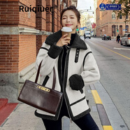 RUIQIUER秋冬新款輕奢女裝加厚仿羊羔毛外套法式小眾百搭寬松皮毛一體上衣 米白色 XL