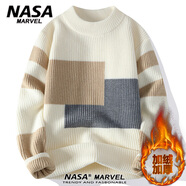 NASA MARVEL撞色拼接毛衣男冬季新款韓版潮流休閑百搭寬松針織衫 米白（加絨） XL （約120-135斤可穿）