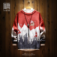 嘯都潮牌雪山馴鹿刺繡圣誕毛衣 男日系復(fù)古加絨加厚慵懶風(fēng)針織衫男裝 紅色 L 偏大一碼