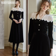 ROEYSHOUSE羅衣法式絲絨拼接蕾絲連衣裙女冬裝新款高級黑色禮服裙09708 黑色 S