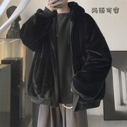 柯菲沃兩面穿棉衣男冬季加厚款高街痞帥毛茸茸棉服寬松情侶款連帽棉襖男 港文化-MY10雙面穿黑色 XL