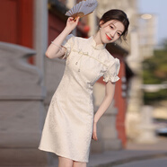 蕭遇（XIAOYU）2025年春季夏天新款女士裝短袖連衣裙小個(gè)子穿搭氣質(zhì)中式旗袍衣服 米白 M 90-105斤