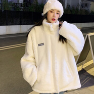 艾珠兒【兩面穿】羊羔毛外套女秋冬季新款韓版寬松加厚羊羔絨棉衣服女裝 白色 均碼（建議80-140斤）