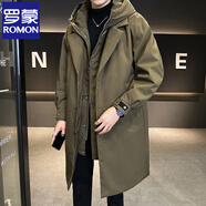 羅蒙（ROMON）中長款羽絨服男冬季加厚連帽防寒服24新款假兩件韓版風衣保暖外套 軍綠色 2XL 建議180-200斤