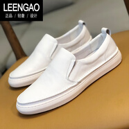 LEENGAO國際品牌皮鞋懶人小白鞋男夏季薄款透氣真皮軟底樂福鞋男百搭休閑 白色 40