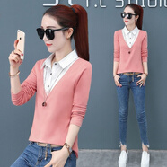 呦魅加絨長(cháng)袖假兩件T恤女2021年春秋季新款條紋拼接上衣服時(shí)尚打底 粉紅色【純白領(lǐng)】 L 105-115