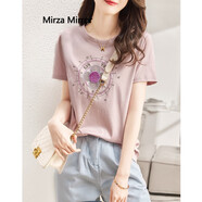 蜜莎蜜拉（Mirza Mirror）寬松正肩刺繡T恤女裝短袖設(shè)計(jì)感小眾純棉上衣夏季2024新款打底衫 粉紫 S