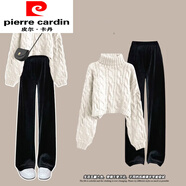 皮爾卡丹（pierre cardin）慵懶風(fēng)灰色高領(lǐng)短款毛衣女秋季2024新款休閑寬松港味復古chic上衣 白色毛衣+黑色金絲絨闊腿庫【毛 S