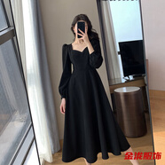 佐菲黛赫本風(fēng)小黑裙女春季新款復(fù)古v領(lǐng)長款過膝黑色氣質(zhì)連衣裙長裙 黑色-打底連衣裙秋冬遮肚顯瘦 3XL -打底連衣裙秋冬遮肚顯瘦