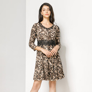 MeierMei玫而美連衣裙女七分袖圓領(lǐng)豹紋性感收腰彈力蕾絲燙石春秋打底裙子 H17 38