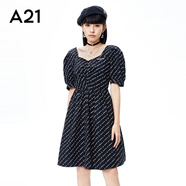 A21ins潮女裝方領(lǐng)傘裙字母印花泡泡短袖中長韓版小清新連衣裙 黑色 S